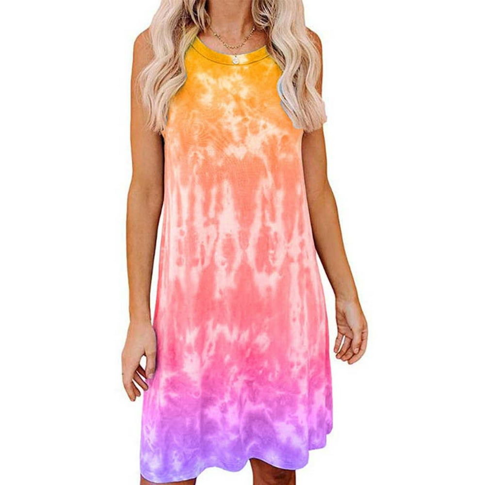 Lallc Women S Tie Dye Loose Summer Mini Dress Sleeveless Gradient Swing Boho Sundress