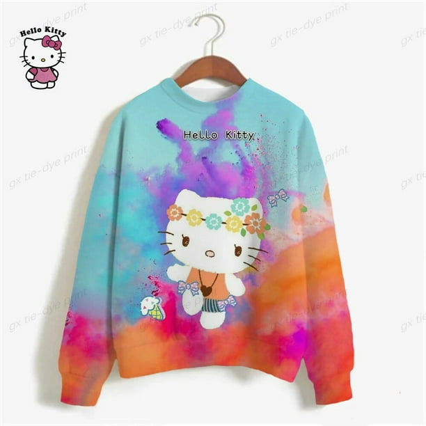 Hello Kitty Sudadera Mujer Harajuku Tie-dye Estampado Delgada Linda Sudadera Con Capucha De Dibujos Animados Manga Larga Sudadera Con Capucha De Gran Tamaño Ropa De Calle,RTZ3BC0965,L