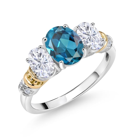 Gem Stone King 2.53 Cttw Oval London Blue Topaz White Moissanite and White Diamond 3-Stone Ring for Women | 925 Silver and 10K Yellow Gold | Wedding Engagement Anniversary Promise Ring | Size 5