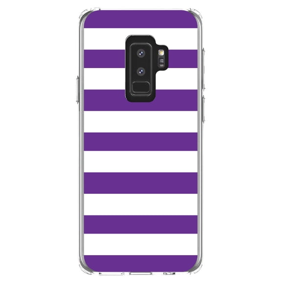 DistinctInk Clear Shockproof Hybrid Case for Samsung Galaxy S9  PLUS (6.2" Screen) - TPU Bumper, Acrylic Back, Tempered Glass Screen Protector - Purple & White Bold Horizontal Stripes