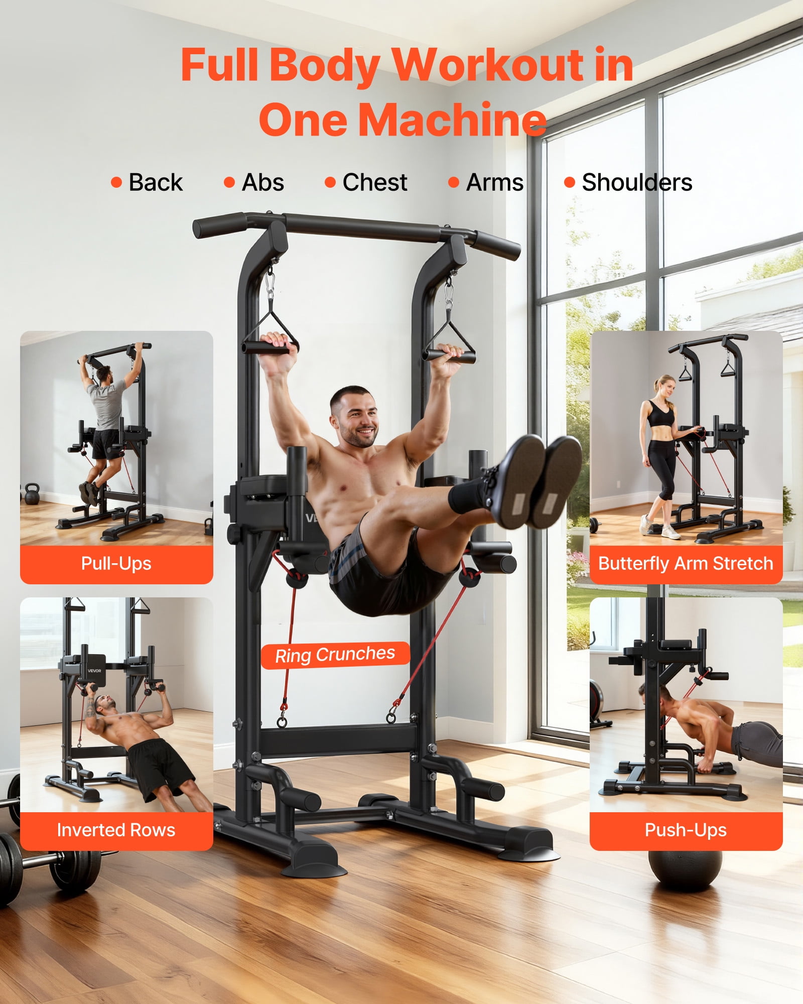 VEVOR Pull Up Bar, 330 LBS Power Tower Dip Station, Workout Dip Station with H-Shaped Stable Base & Back Pad,Adjustable 12 Level Height Free Standing Chin Up Bar for Back, 4-Level Adjustable Back Pad