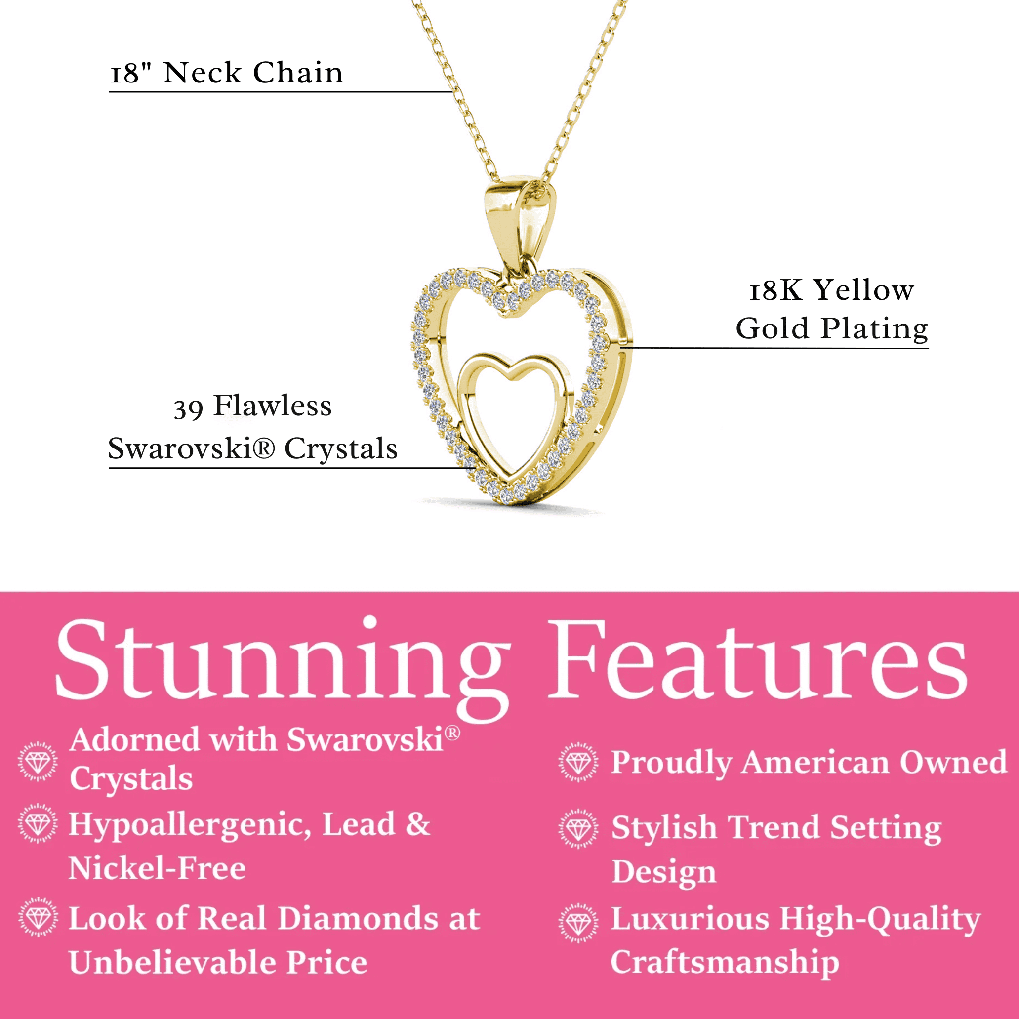 Cate & Chloe Amorette 18k Yellow Gold Plated Pendant Necklace with Simulated Diamonds Gift for Women