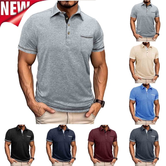Tqyyweavej Mens Halter Shirts Short Sleeve Lapel Collar Solid Color Tshirts Quarter Botton Baggy Tees Tops with Pocket Size S to 3XL