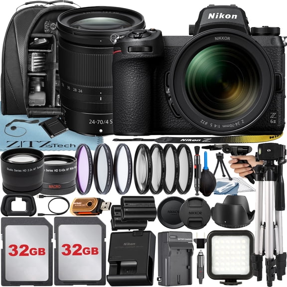 Nikon Z6 II Mirrorless Camera with NIKKOR Z 24-70mm f/4 S Lens   2 Pack 32GB Memory Card   Case   Tripod   ZeeTech Accessory Bundle (International Version)