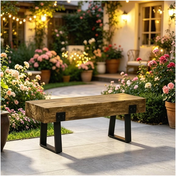 Bench with Wood Grain Effect Concrete Seat and Sled Metal Base for Garden Patio Indoor and Outdoor Use