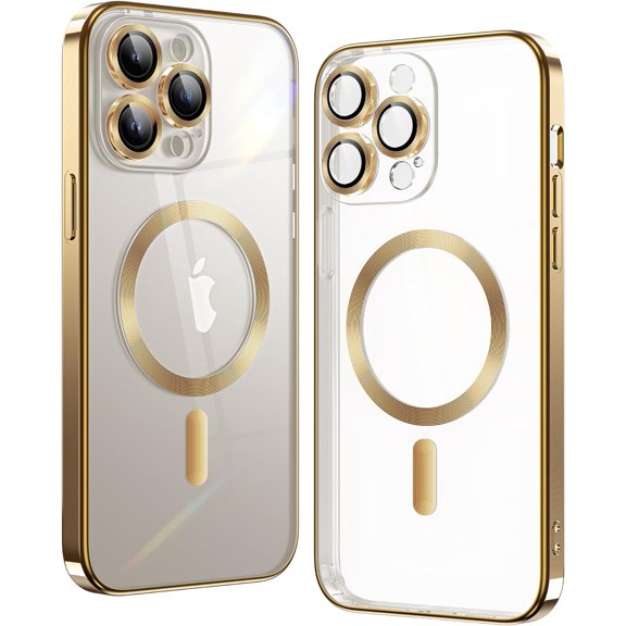 Matallic Glossy Clear for iPhone 13 Pro Case Compatible with MagSafe with Plating Full Camera Protection [Strong  Attraction] Slim Thin Phone Case Shockproof for Women Girls(6.1")-Gold