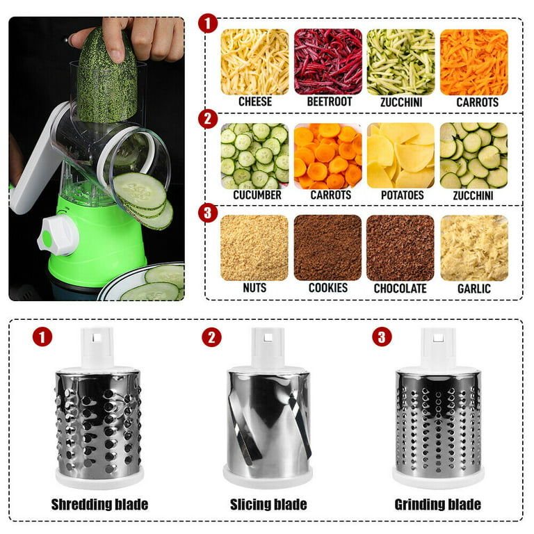 G · PEH Rotary Cheese Grater Shredder Chopper Round Tumbling Box Mandoline  Slicer Nut Grinder Vegetable Slicer, Hash Brown, Potato with Strong Suction  Base (Green) 