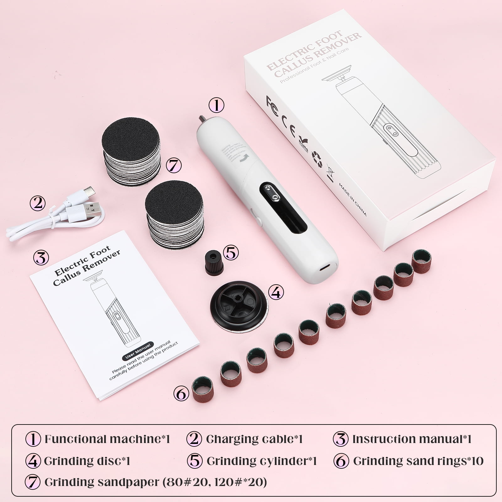 2 In 1 Electric Foot Grinder with Replacement Head Portable Feet File Pedicure Tool Foot Scrubber Callus Dead Skin Remover with Sandpaper Disk Nail Drill Bits