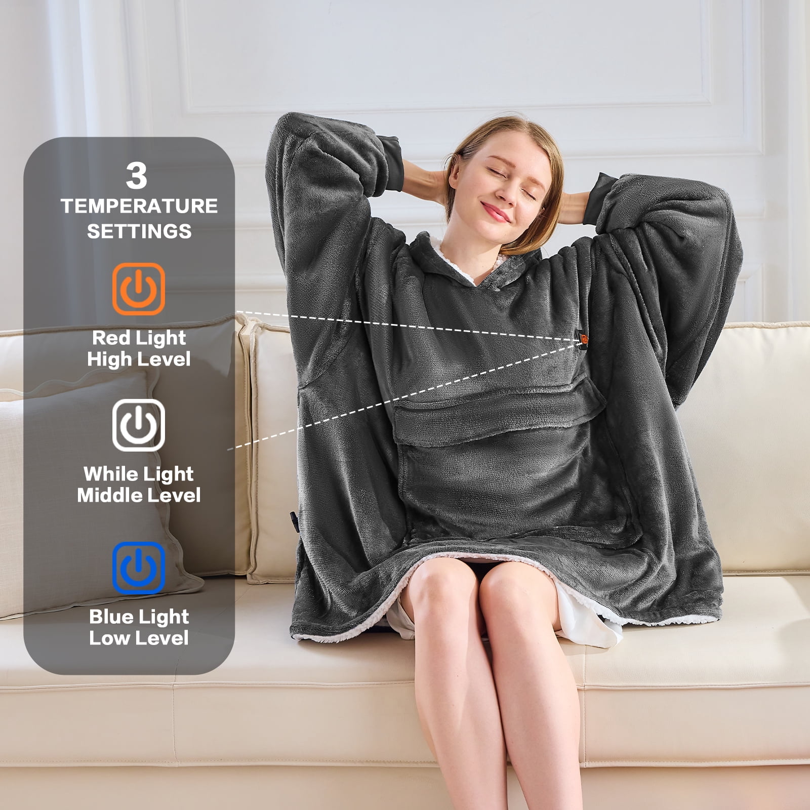 PMONPA Heated Wearable Blanket, Oversized Wearable Heated Blanket for Adult, Sherpa Fleece Blanket Hoodie, One Size, Grey
