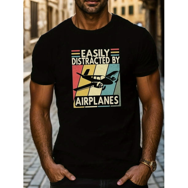 Easy Distracted By Air Planes Print Men's Short Sleeve T-Shirts, Comfy Casual Elastic Crew Neck Tops For Men's Outdoor Activities