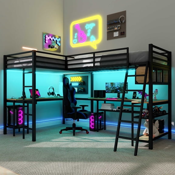 Harper & Bright Designs L-Shaped Loft Bed Twin Size with 2 Built-in Desks and Storage Shelves, Metal Gaming Loft Bed with LED and Charging Station for 2, Black