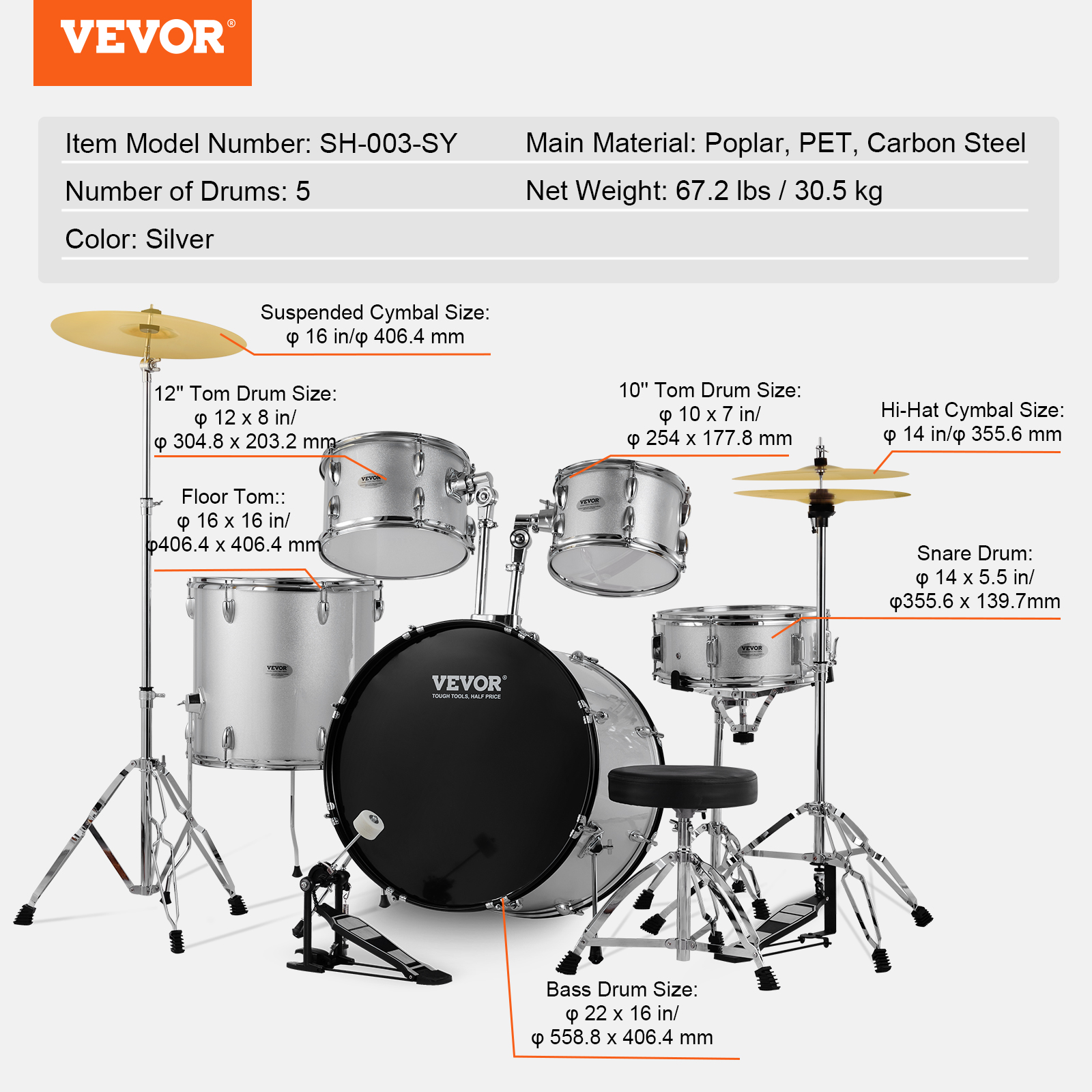 VEVOR Adult Drum Set, 5-Piece,22 inches Complete Full Size Drum Kit with Bass Toms Snare Floor Drum Adjustable Throne Stands Cymbal Hi-Hat Pedal and Drumsticks, Silver