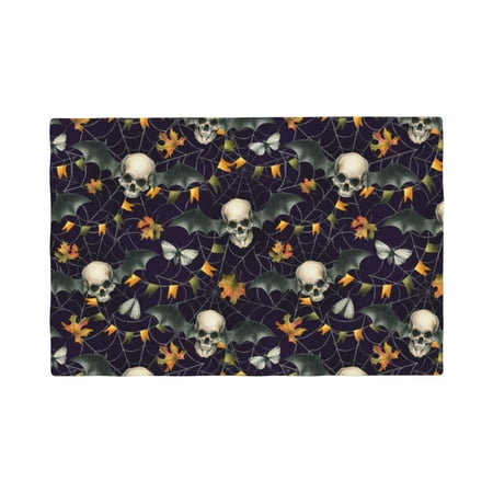 

Placemats Set of 4 cool skull bat garlands cobwebs Heat Resistant Non - Slip Place mats Waterproof table mat for Kitchen Dining-4片装