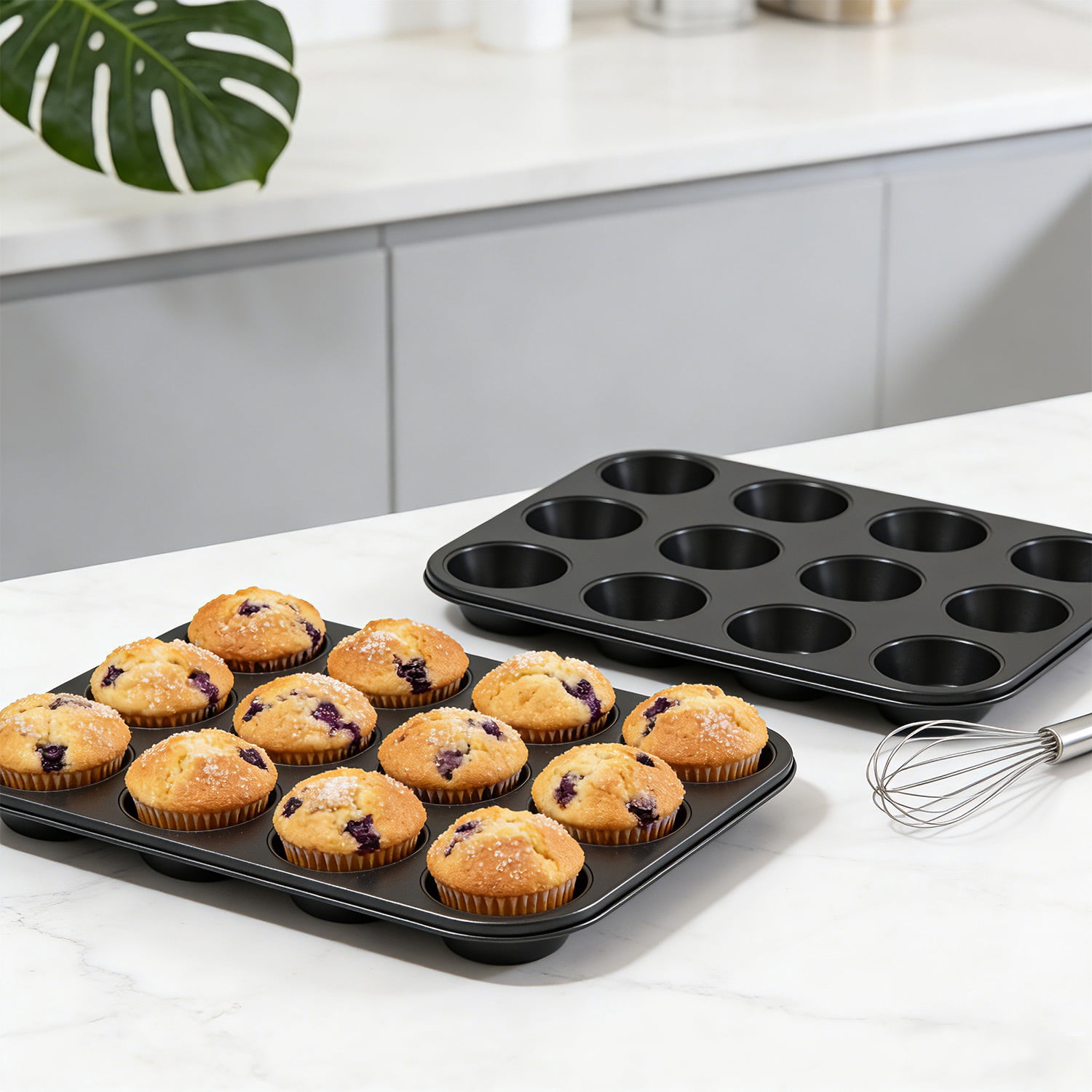 GPED 2 Pack Muffin Pan for Baking, 12-Cup Nonstick Cupcake Pan, 14.2" x 11" x 1.5" with 2.56" Cups, for Muffins, Cupcakes, Brownies, Cheesecake, Carbon Steel, Easy Clean, Oven Safe