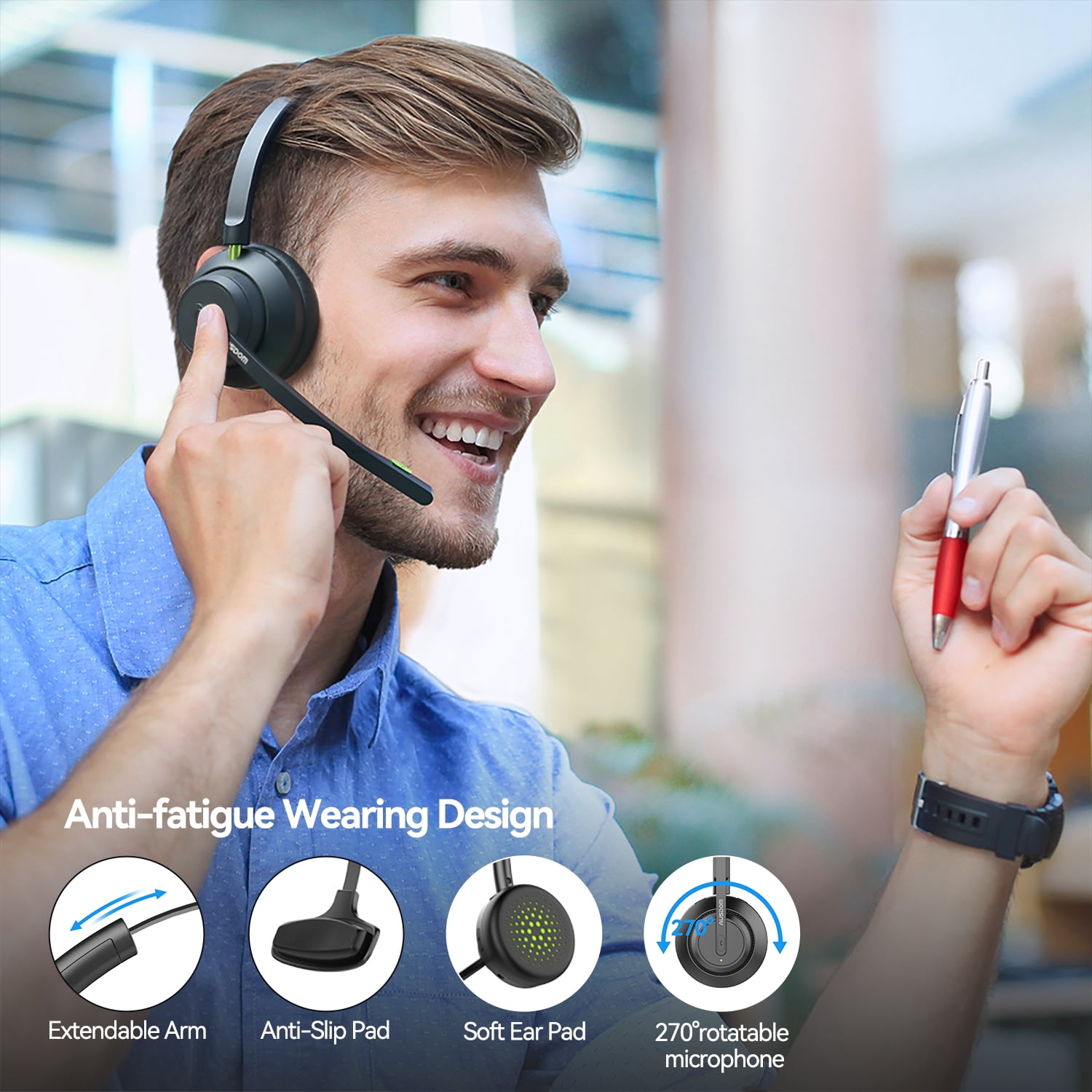 Ausdom Bluetooth Headset with Microphone,Wireless Headset with Noise Canceling Mic for PC,Laptop,Truck Driver,Office,Call Center,32Hrs Talking Time with Charging Cable