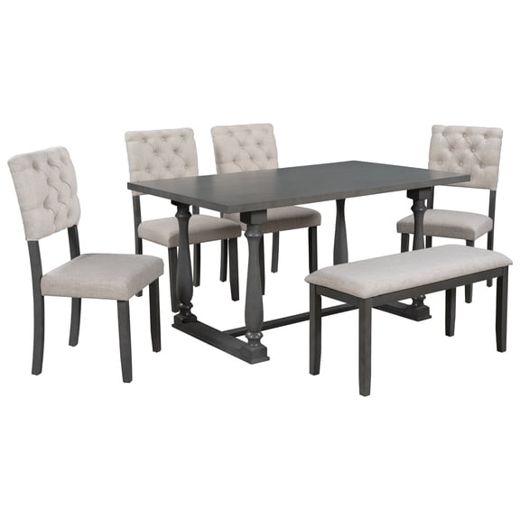 Vintage Rectangular Dining Table Bench and Chairs, 6-Piece Kitchen Dining Room Table Set with Fabric Padded Seat & Button Tufted Backrest, Standard Height (Gray)