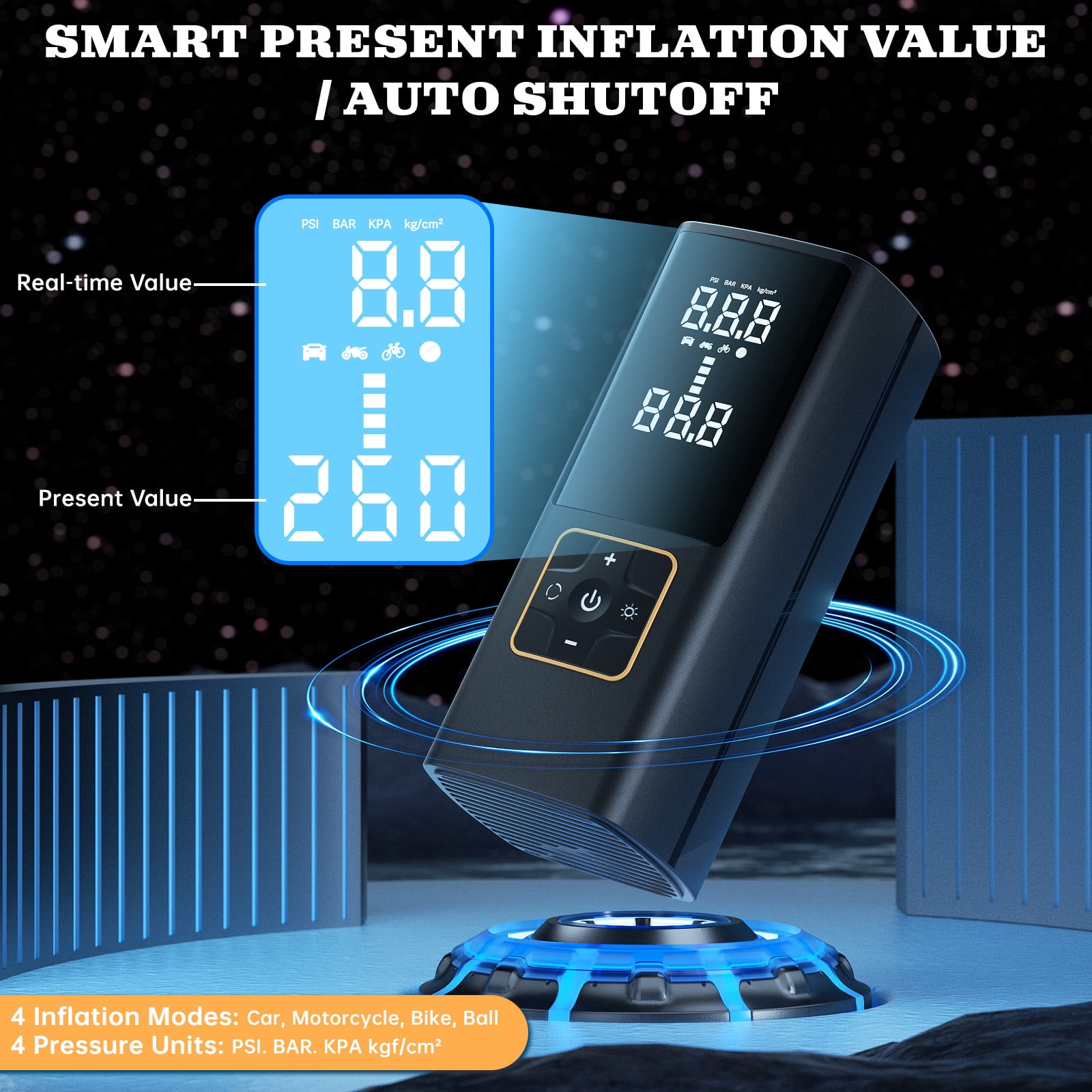 Tire Inflator Portable Air Compressor, 150PSI Portable Air Pump for Car Tires with Digital Pressure Gauge, Cordless Air Pump W/ Powerful Battery&Emergency LED Light for Cars, Bikes, Motorcycles,Balls