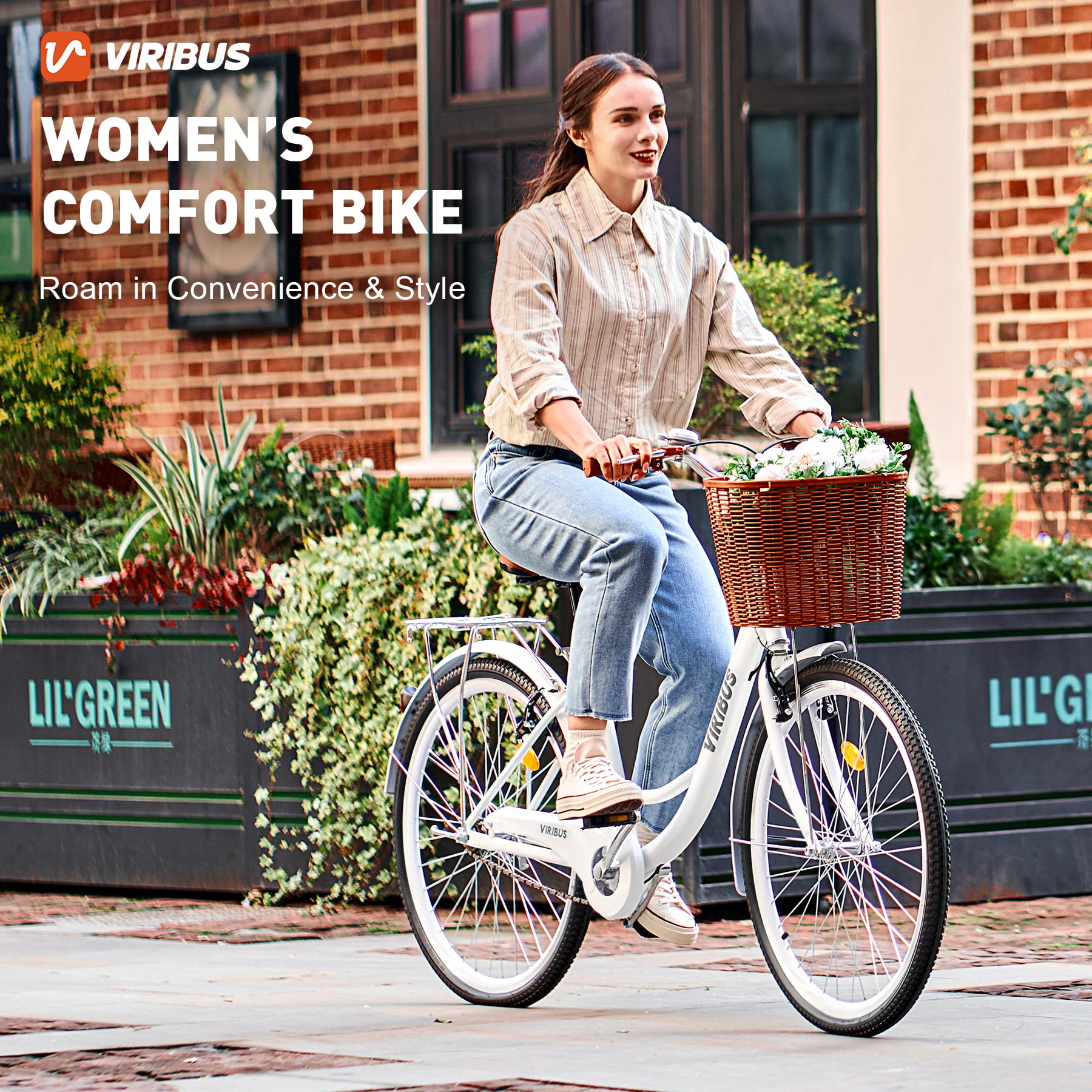Viribus 24" City Cruiser Bicycle with Carbon Steel Frame Dual V Brakes Basket,Commute Bike for Women Adults,White