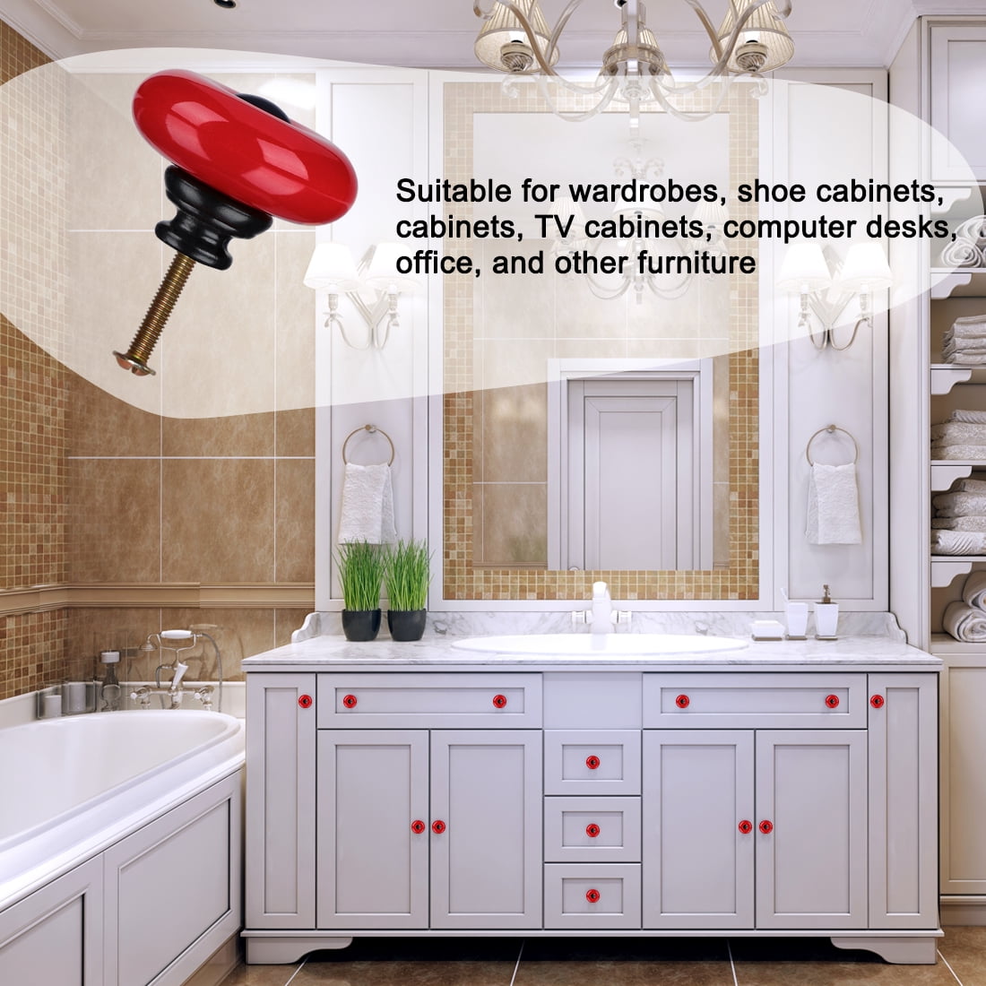 Ceramic Knobs Pull Handle Furniture Wardrobe Cabinet Dresser Door Knob Accessories 32mm Dia Red 8pcs