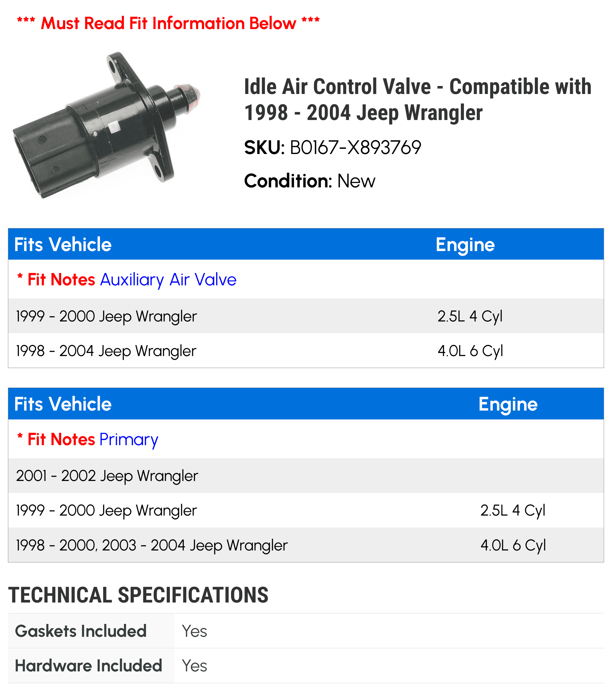 Idle Air Control Valve - Compatible with 1998 - 2004 Jeep Wrangler 1999 2000 2001 2002 2003