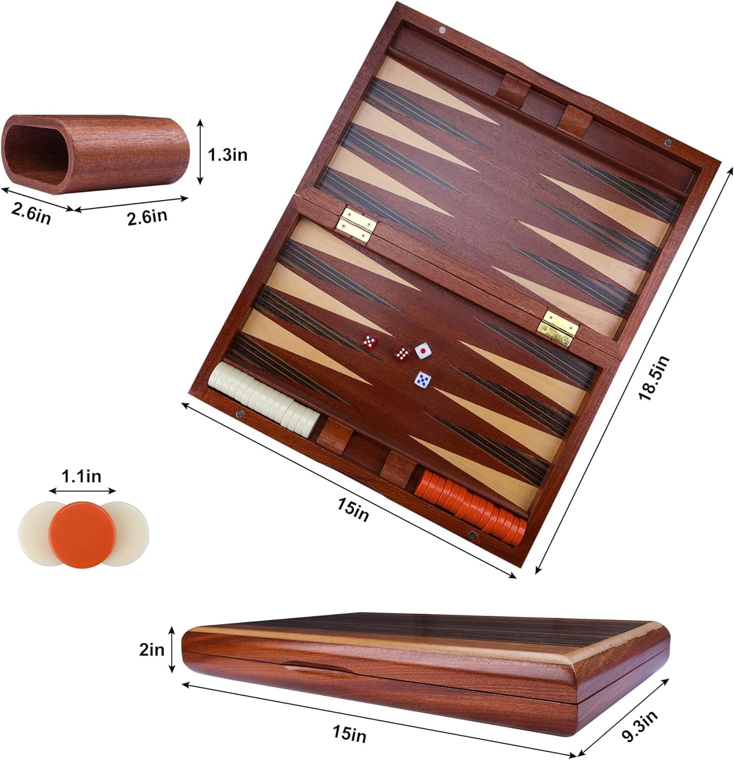 Fugocen Backgammon Set Folding Classic Brown Wooden Portable Travel 15 Inches