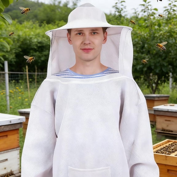 Breathable Beekeeping Suit Half Body, 3D Mesh Bee Keeping Jacket with Hood and Pocket, Anti-Sting Protective Gear for Beginner Beekeepers,White
