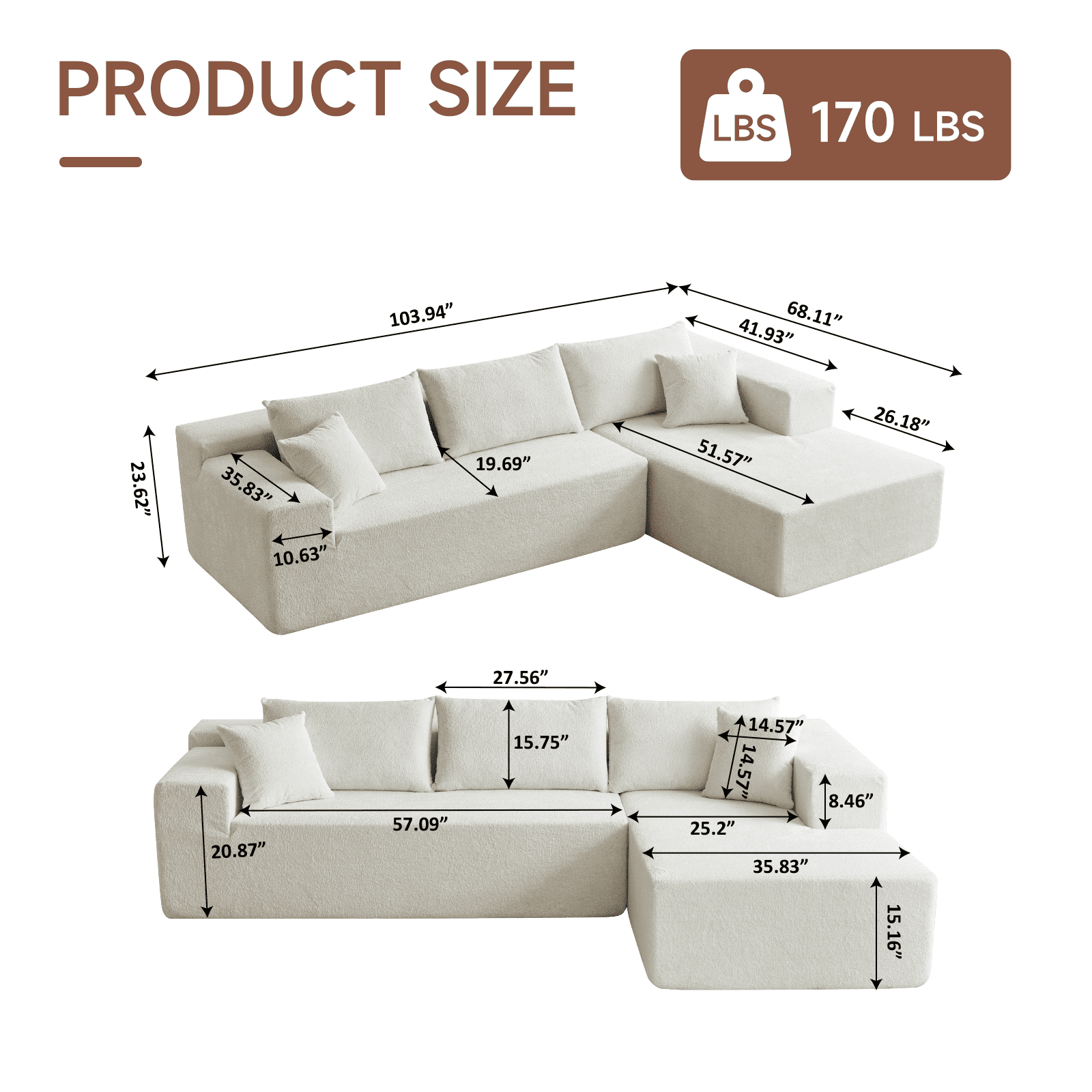 104" Sectional Sofa, L-Shaped Modern Modular High-Density Sponge Corner Sofa with Chaise Lounge & Pillows, Upholstered Cloud Couch for Living Room Bedroom Apartment