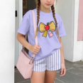 thumbnail image 4 of LvhaoGJOB Little Kids Girls T-Shirt and Shorts Outfit Set, Beige - large yellow bow graphic, notebook print with pink bow, 4 of 6