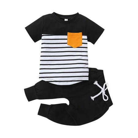 

B91xZ Baby Boy Clothes Toddler Child Baby Boys Short Sleeve Stripe Patchwork Tops Solid Pant Outfits Set 2PCS Black Size 2-3 Years