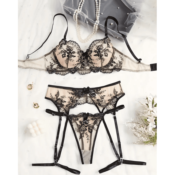 Black Lace Lingerie Set Garter
