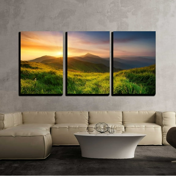 wall26 - 3 Piece Canvas Wall Art - Mountain Valley During Sunrise. Natural Summer Landscape - Modern Home Art Stretched and Framed Ready to Hang - 16"x24"x3 Panels