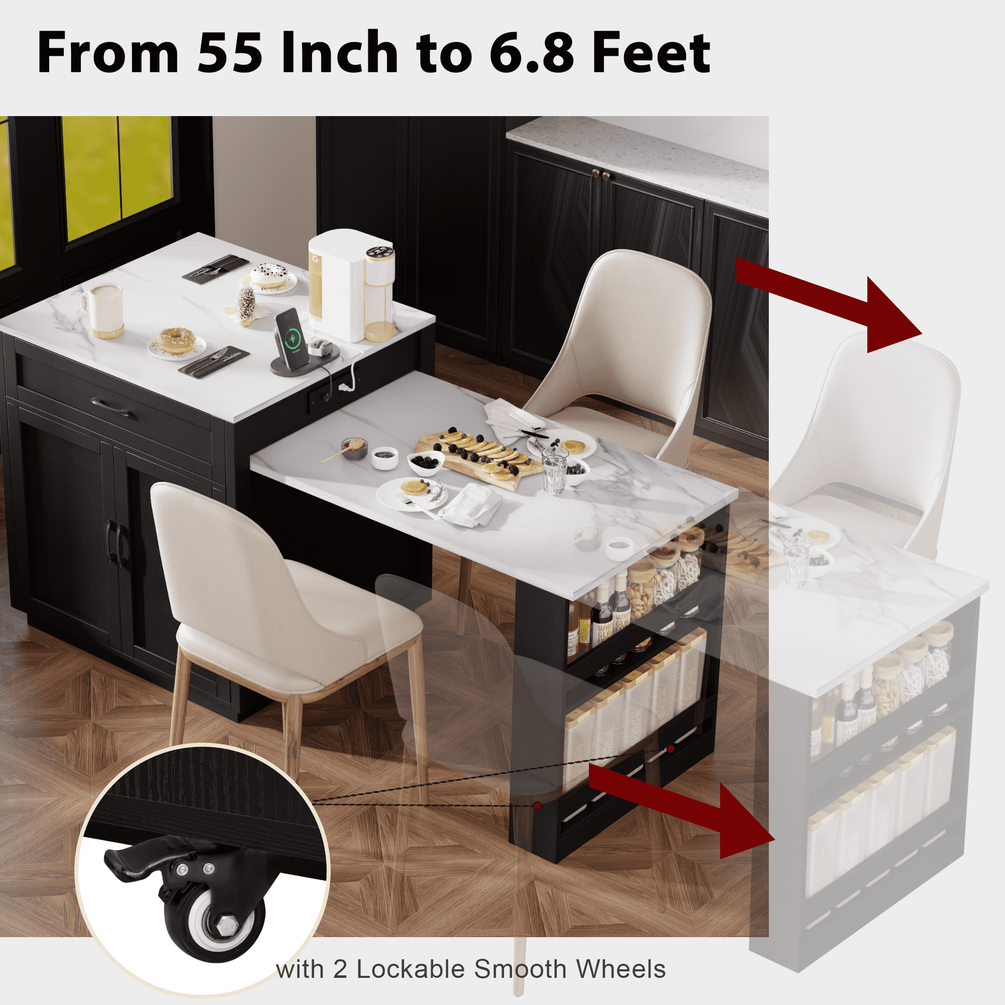 EUROCO 82.7" Kitchen Island with Extendable Dining Table for 4-6 Person,Two-tone Kitchen Table with Double-sized Storage, Power Outlet,2 Drawers and 2 Side Open Shelves,Black