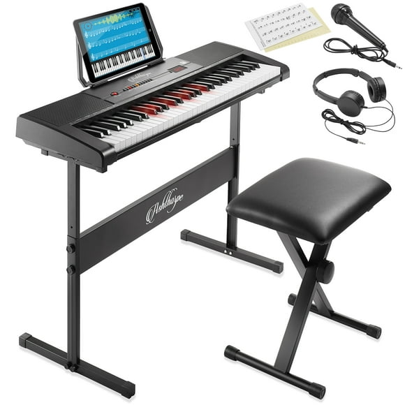 Ashthorpe 61-Key Digital Electronic Keyboard Piano with Light Up Keys, Portable Beginner Kit with Stand and Stool