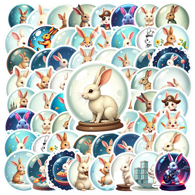 cartoon Rabbit Snow Globe Theme Stickers, Waterproof Rabbit Snow Globe Theme Sticker for Water Bottle Laptop Phone Cases Planner Skateboard Luggage Helmet Party Favor Decor