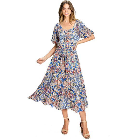 Flying Tomato Women's Paisley Floral Elegant Chiffon Midi Dress (S, Off White)