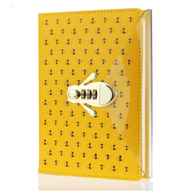 Diario con combinación de cerradura en forma de abeja, cuaderno de tapa dura de cuero sintético, lindo diario