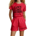 thumbnail image 4 of Toddler Girl Pajamas Set Graphic Letter Print Short Sleeve Crewneck Soft Comfort Top and Shorts Set Sleepwear Loungewear Set Toddler Girls Pajamas Size 3-4 Years, 4 of 4