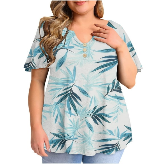 QLEICOM Women Plus Size Summer Pleated Ruffle Short Sleeve T-Shirt Loose Casual V-Neck Gradient Color Blouse T-shirt Tops Blue A XL, US Size:10