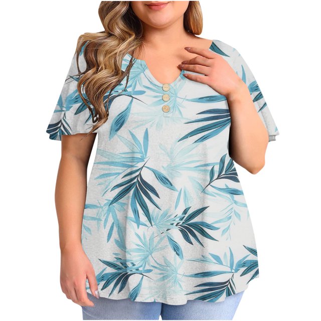 Birdeem Women Fashion Casual Printing Short Sleeve Loose Plus Size Ruffle Short Sleeve Tops V-Neck Blouse