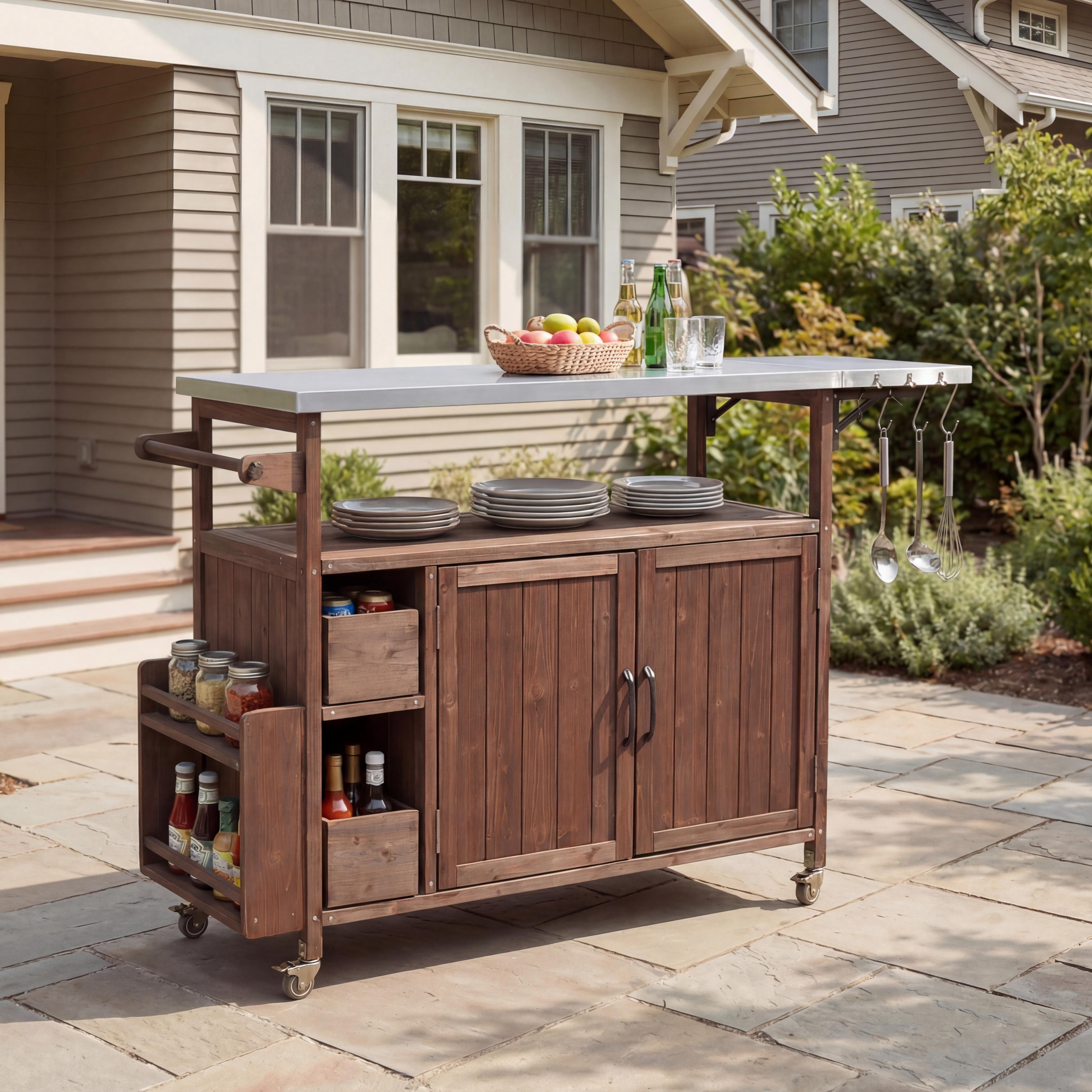 Rolling Kitchen Cart, 54.33 Inch Farmhouse Outdoor Serving Cart for Patio Backyard BBQ, Dark Brown