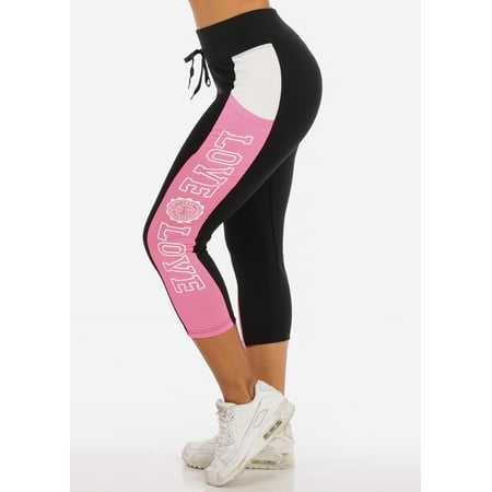 Womens Juniors Stretchy Activewear Sport Workout Gym Yoga Pink Love Black Cropped Capri Tights Leggings