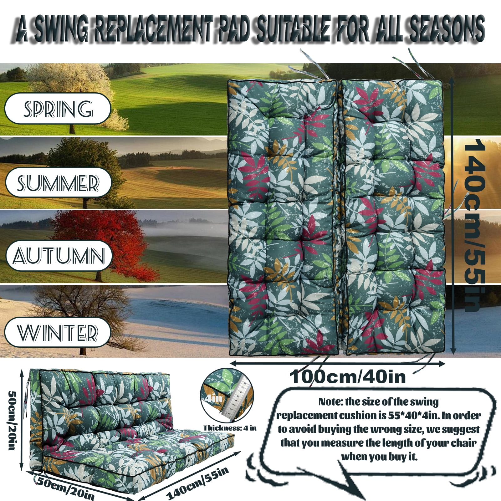 Replacement Cushions for Outdoor Swing, Swing Replacement Cushions Thicken 4" with Backrest, Waterproof Bench Cushions for Patio Furniture Porch Swing Cushions (Green Flowers)