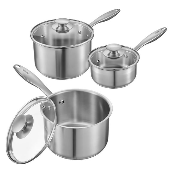 VEVOR Stainless Steel Saucepan Set, 1 QT & 2 QT & 3 QT Saucepans with Glass Lids, Multipurpose Nonstick Stainless Steel Sauce Pot with Ergonomic Handle, Friendly for Oven, Dishwasher