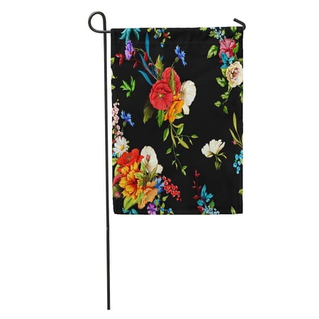 SIDONKU Flowers Poppy Wild Roses Chamomile Camomile Cornflower Lily of The Valley and Leaves on Black Pattern Garden Flag Decorative Flag House Banner 12x18 inch