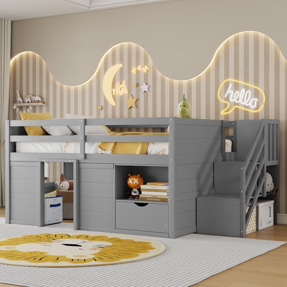 Harper & Bright Designs Full Size Wood Loft Bed with Storage Drawer and Shelf, Low Loft Bed Frame with Stairs and 7 Colors LED Light for Boys Girls, Gray