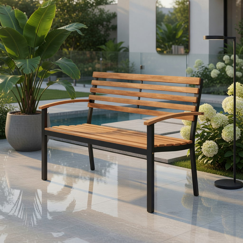 Hommoo Acacia Wood Outdoor Patio Loveseat Bench with Backrest & Armrests, Two-Person Garden Seating for Backyard, Deck, or Balcony, Black