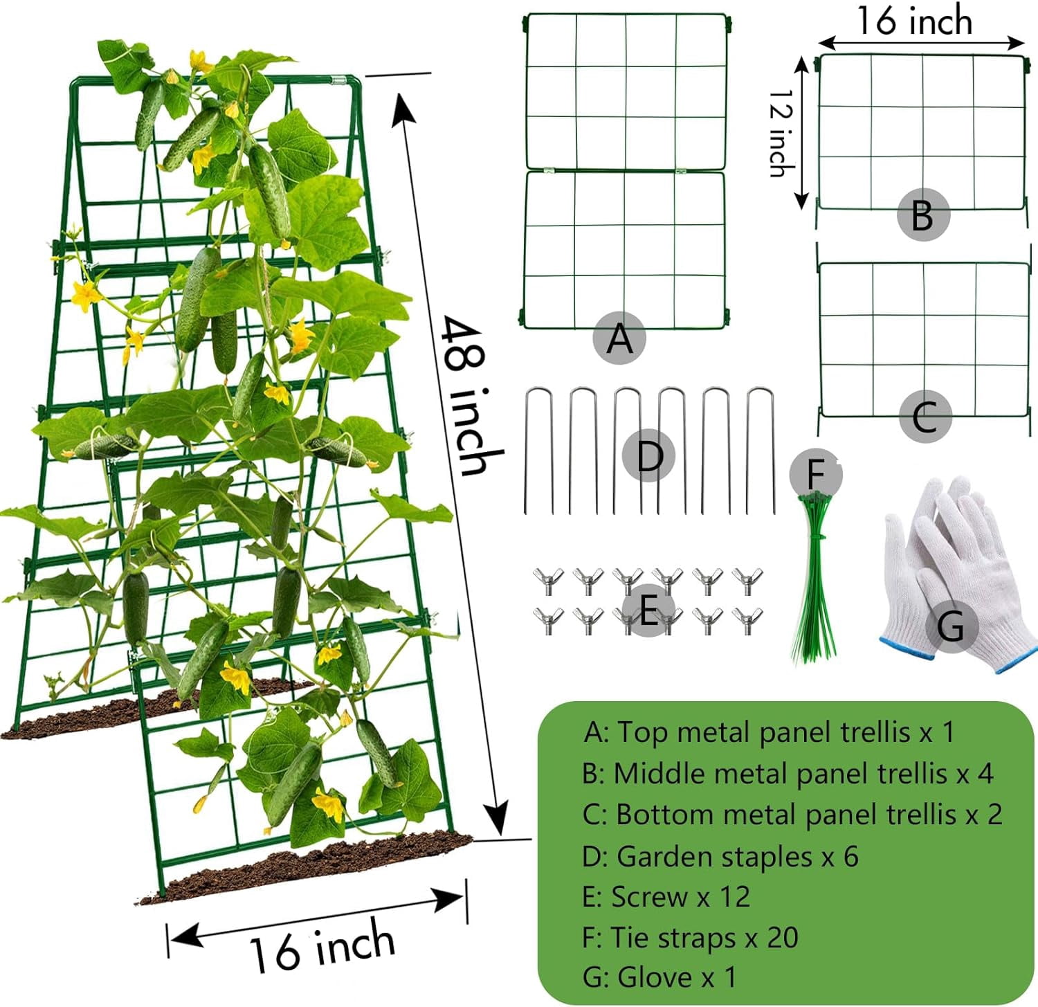 Thickened Cucumber Trellis for Raised Garden Bed,48"x16" Foldable Frame Metal Vegetable Trellis for Climbing Plants Outdoor Plant Support for Grape Tomato Peas, Fruit, Vine,Bean(Green) (1)
