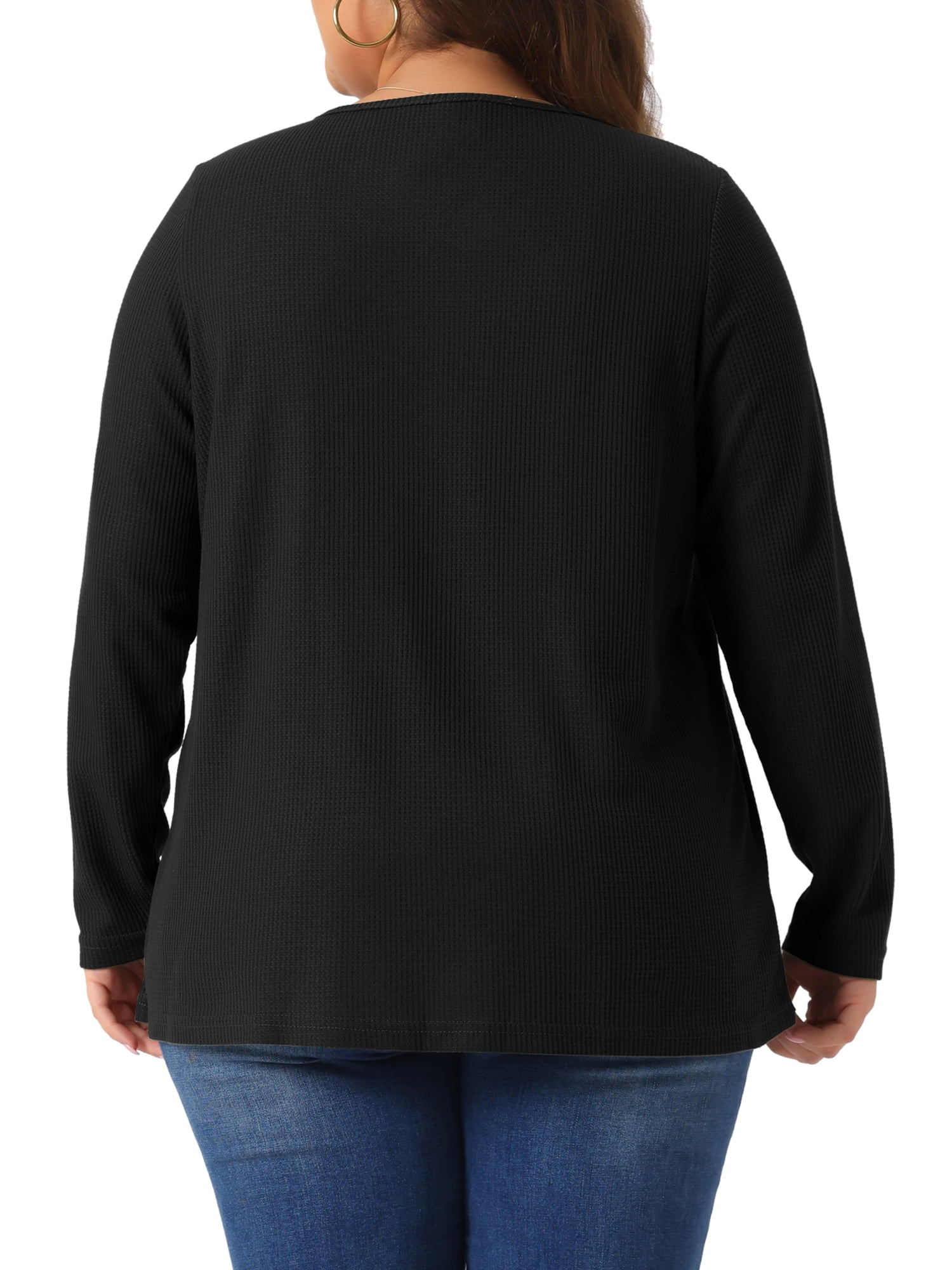 DARING DIVA Women's Plus Crew Neck Pleat Front Long Sleeve Top 3X Black