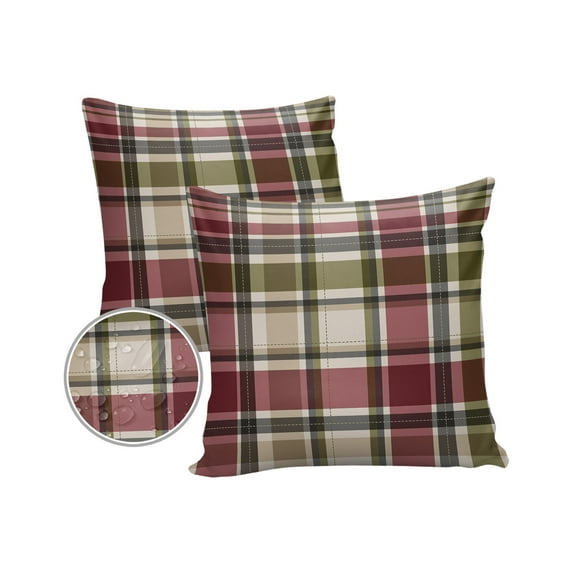 Pack of 2 Outdoor Pillow Covers, Fall Sage Green Red Grey Check Plaid Waterproof Square Throw Pillowcase Cushion Decorative Pillow Covers for Couch Patio Tent, 20x20 in