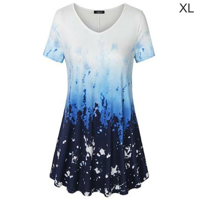 Camiseta de mujer Blusa informal con estampado degradado Vestido suelto con cuello en V, Azul, XL Noticed AP001902-44